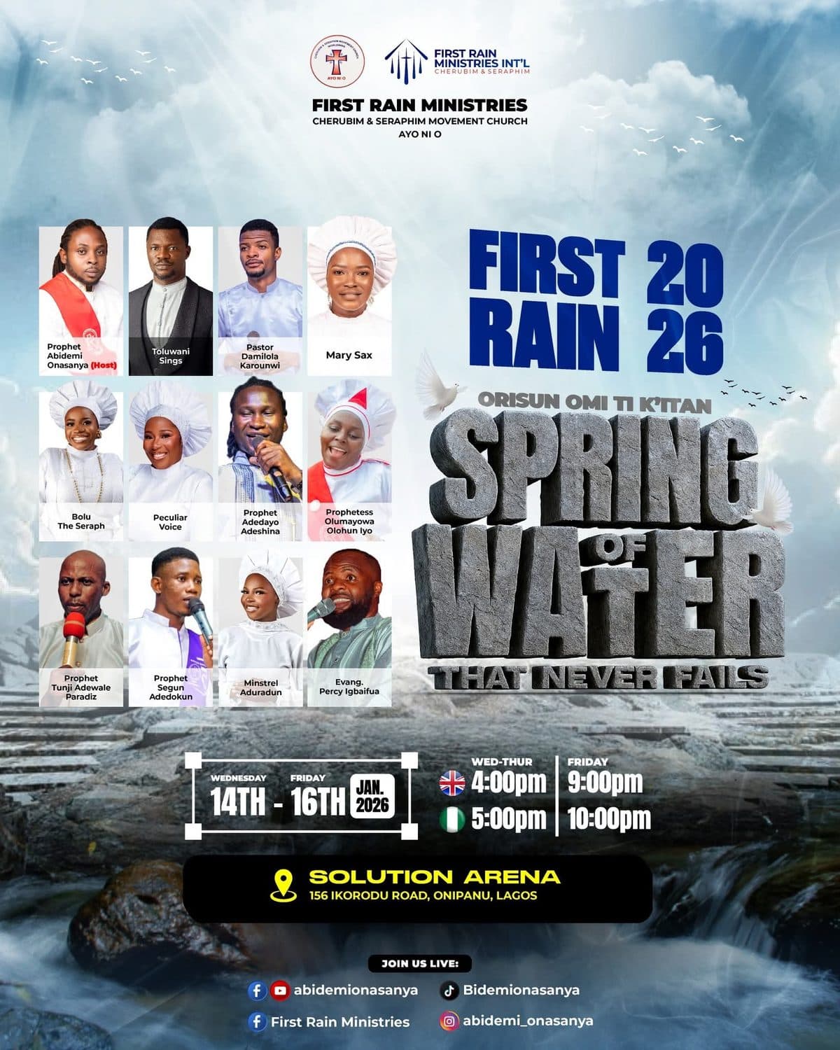 First Rain 2026 flyer: Spring of Water That Never Fails, 14th to 16th January 2026, Solution Arena, Lagos, with the ministers