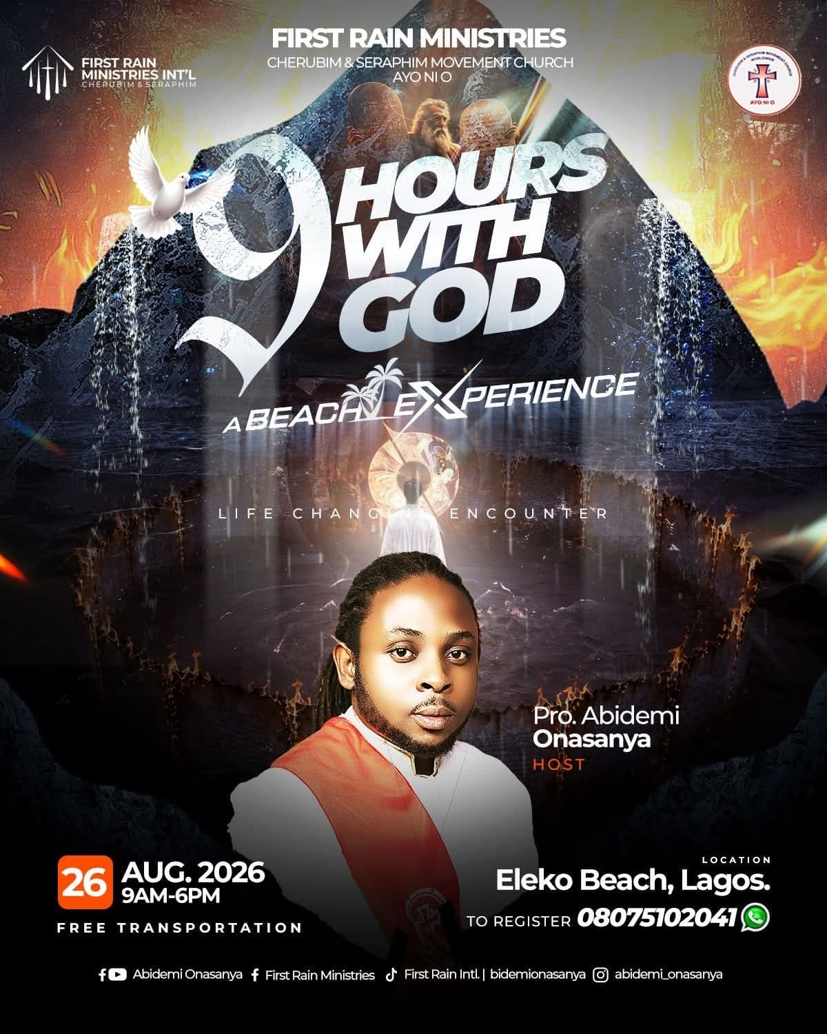 9 Hours With God flyer: a beach experience, 26th August 2026, 9am to 6pm, Eleko Beach, Lagos